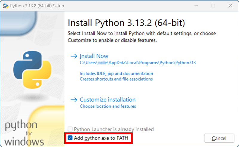 Screenshot of the Python installer with the Add python.exe to PATH option enabled.