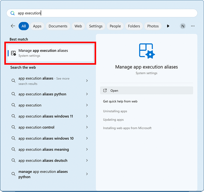 Screenshot of the Windows Start menu with the Manage app execution aliases entry highlighted.